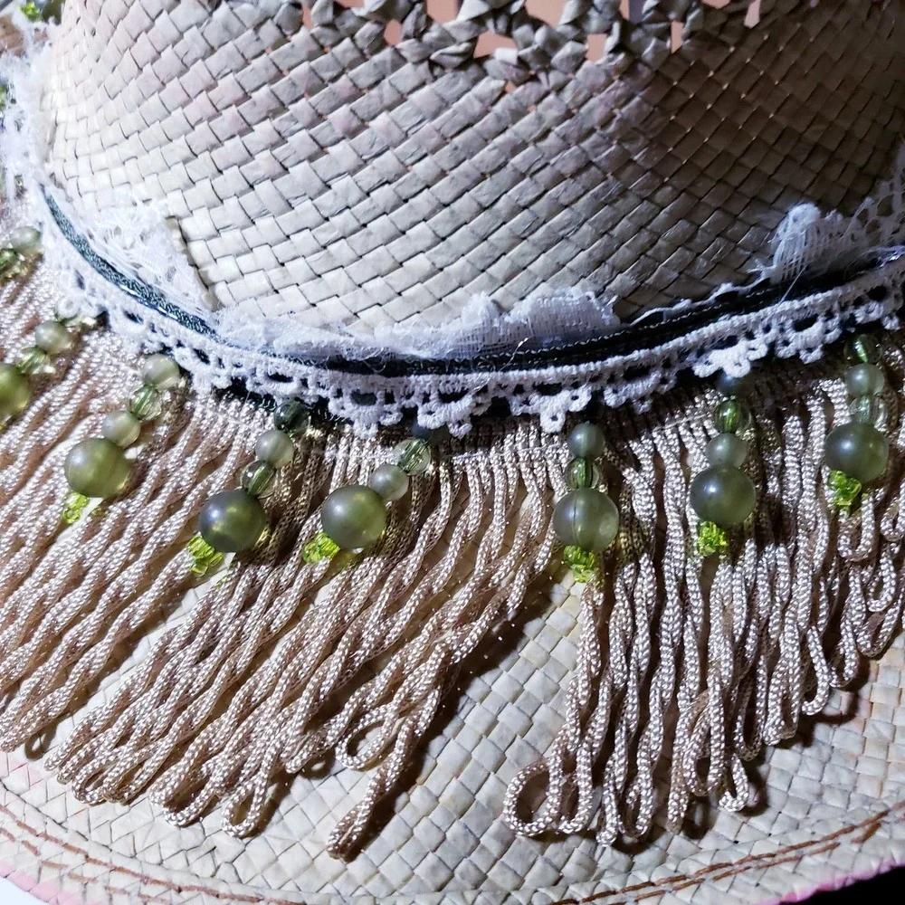 Vintage Scala Straw Hat Upcycled Painted‎ beads, feathers